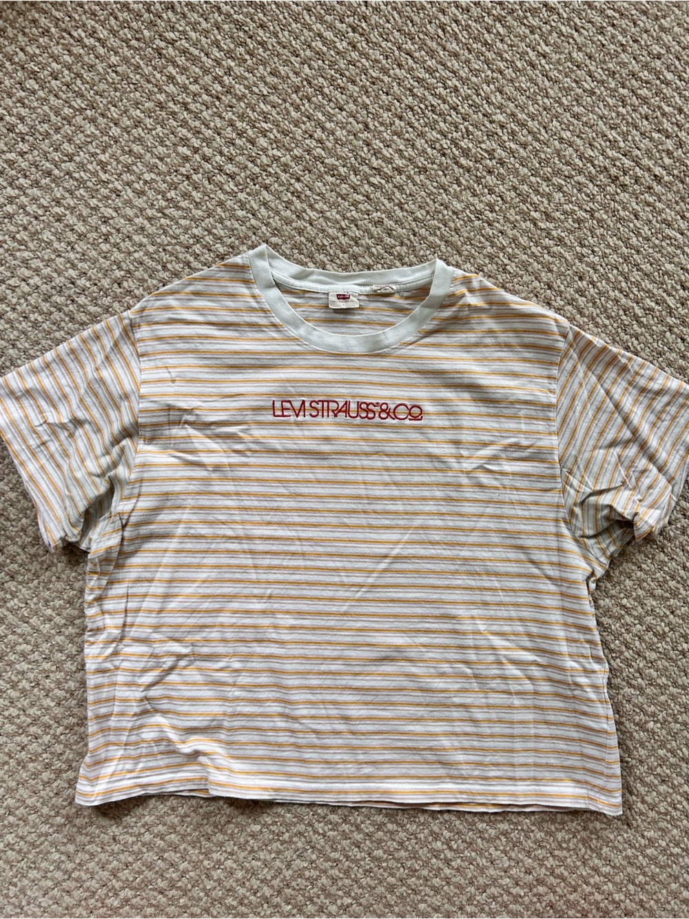 Levi's Yellow and White Striped Tee with Red Logo
